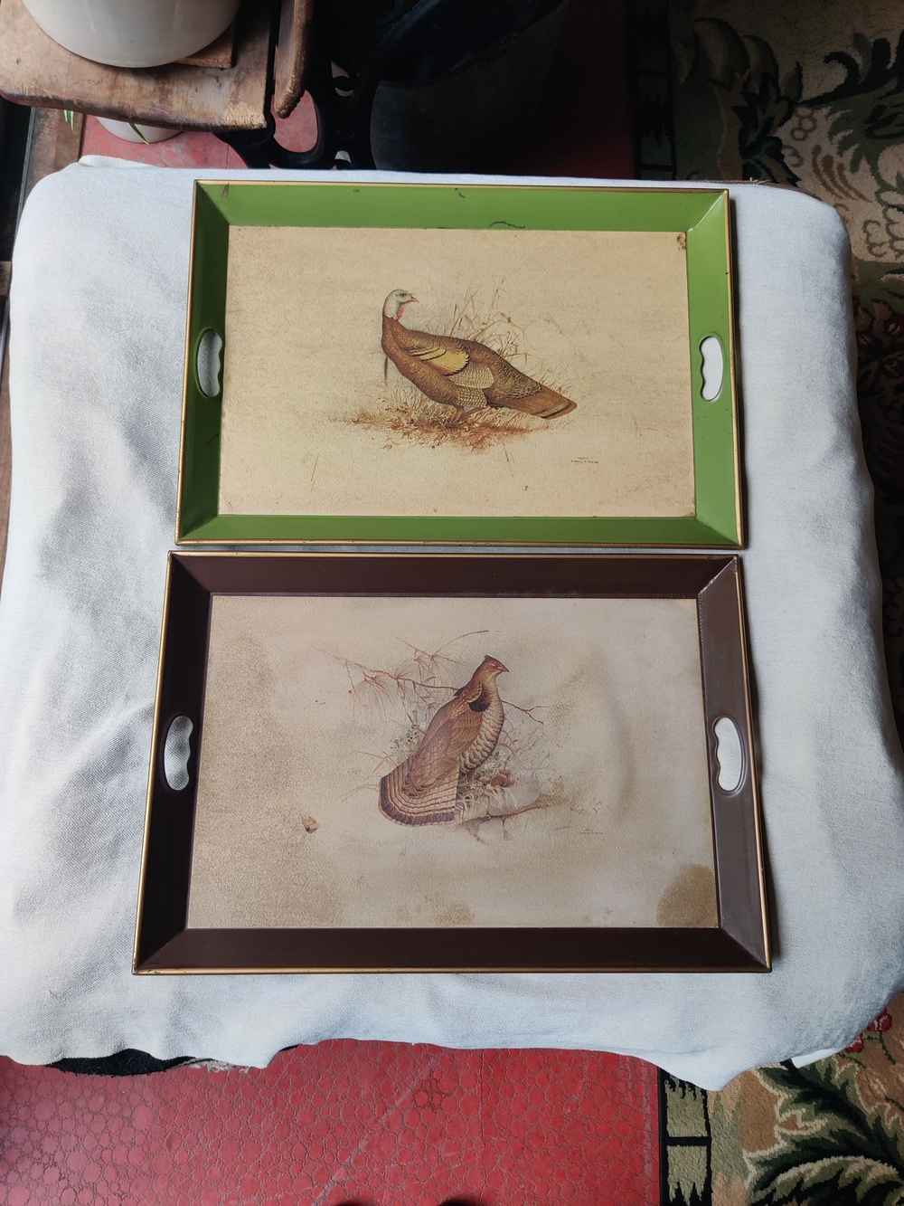 1970s Game Bird Metal Serving Tray Pair Large Gregory Messier Turkey Quail 23x16